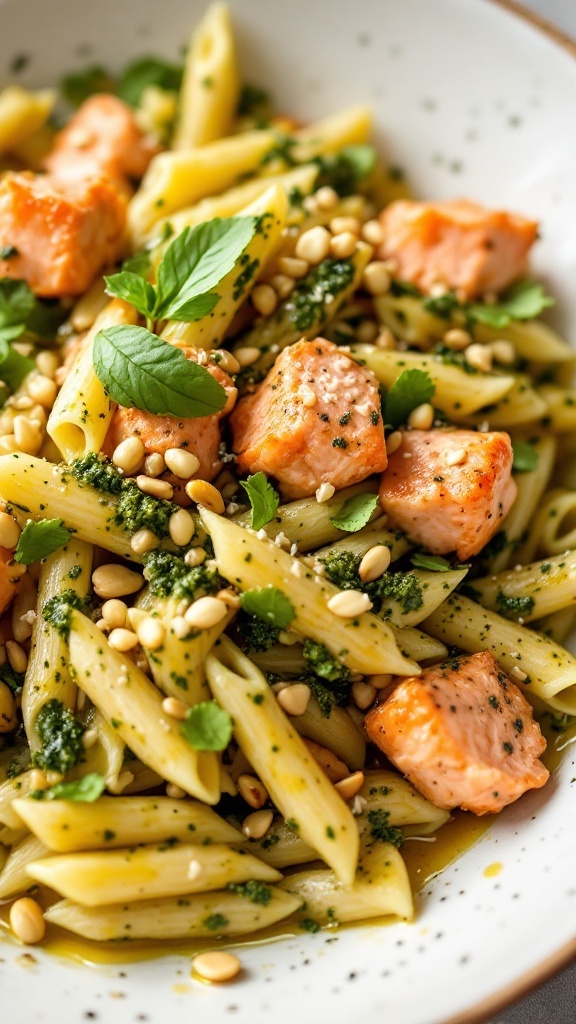 A delicious serving of Pesto Salmon Penne with salmon chunks, pesto, and pine nuts.