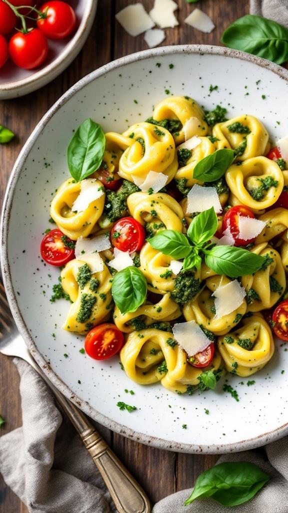 A delicious serving of pesto tortellini with cherry tomatoes and basil