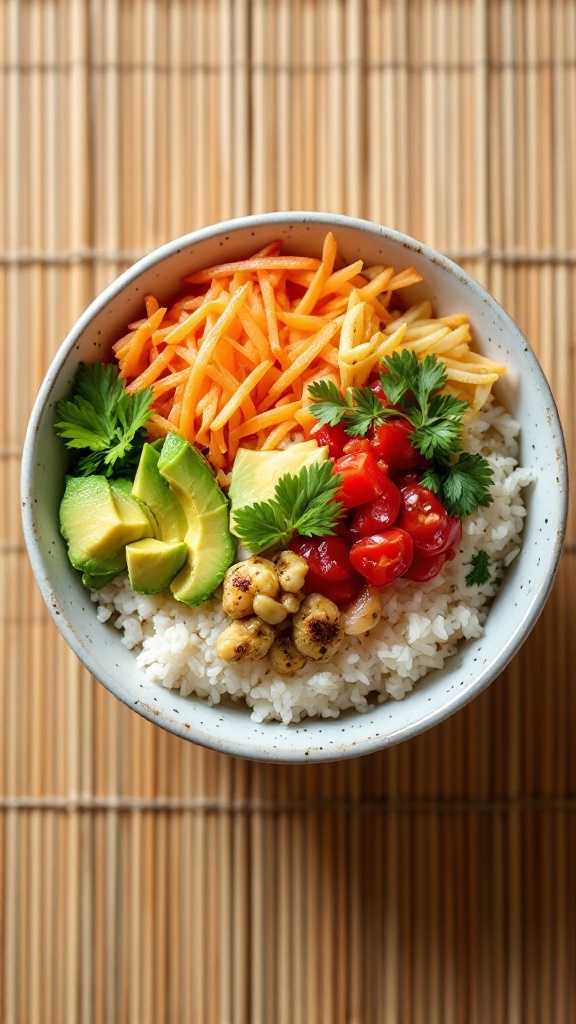 A colorful sushi bowl featuring rice, avocado, pickled ginger, carrots, tomatoes, and corn.