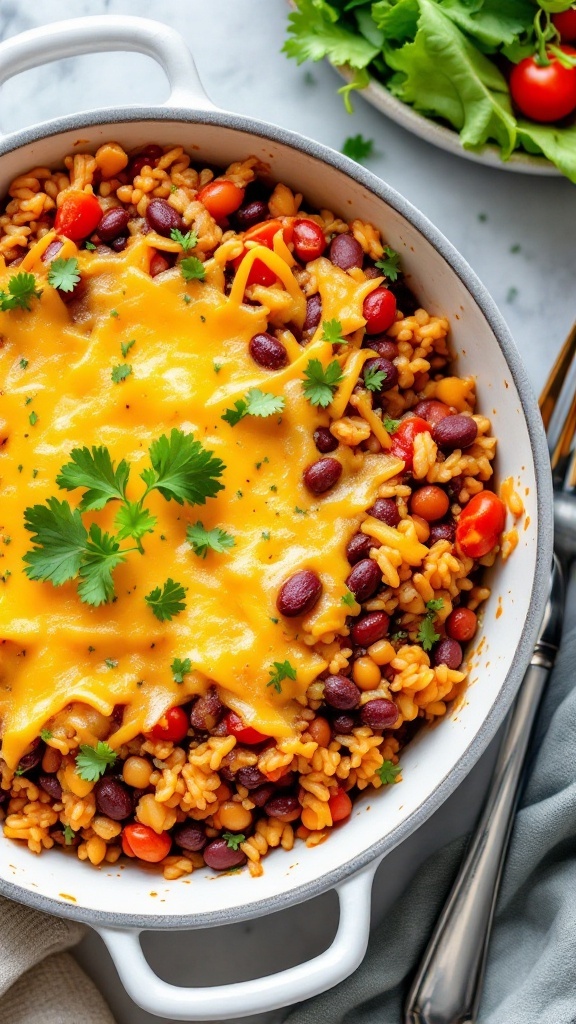 A colorful pinto bean and rice casserole with cheese and cilantro