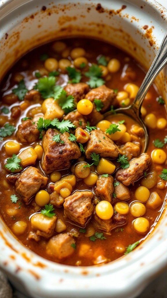 A bowl of hearty pork green chili stew with corn and cilantro garnish.