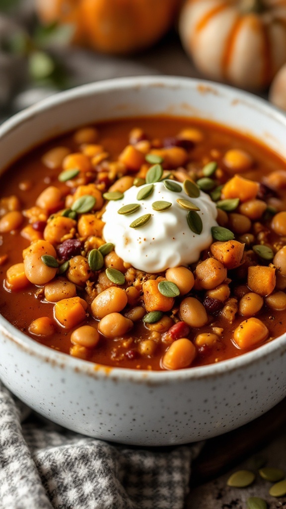 A bowl of pumpkin chili with turkey, topped with pumpkin seeds and sour cream.