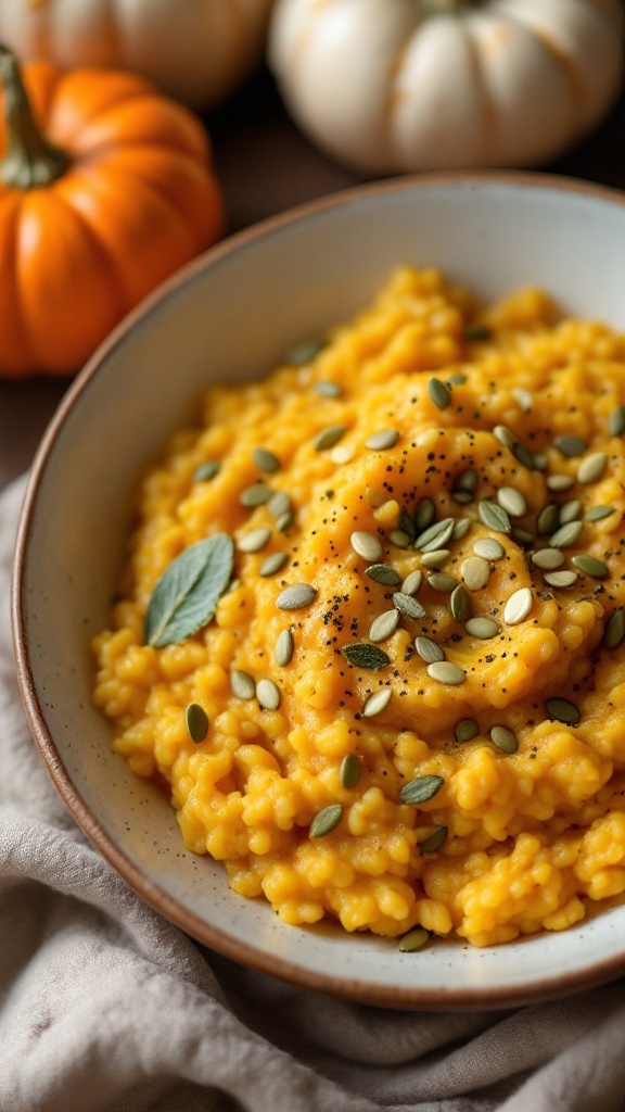 A bowl of creamy pumpkin risotto topped with pumpkin seeds and sage leaves