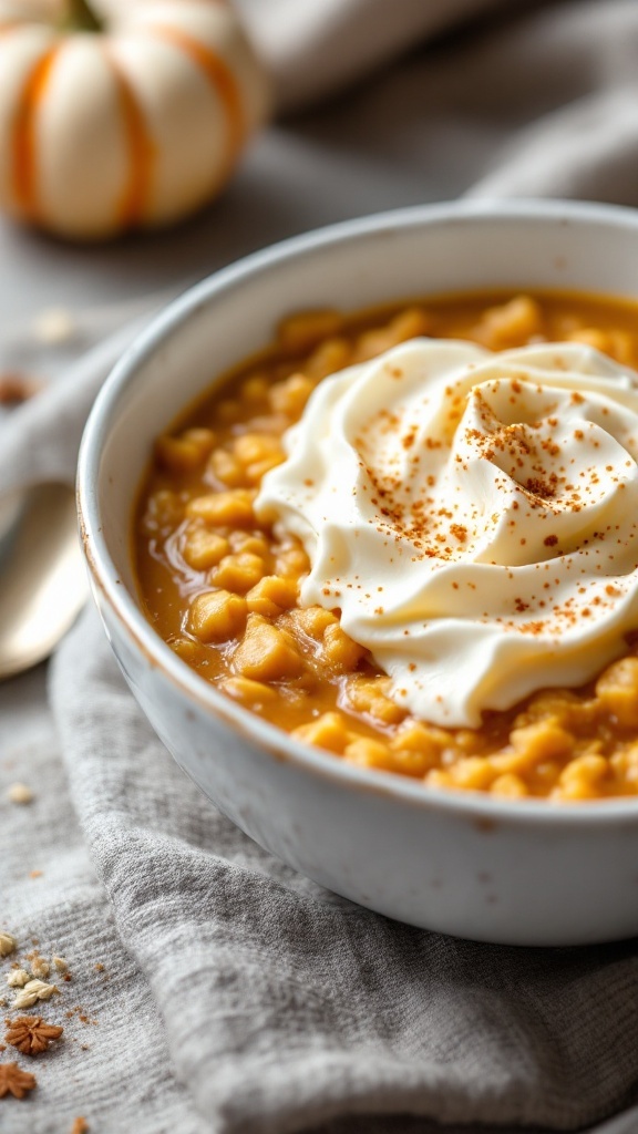 Pumpkin Spice Cottage Cheese Overnight Oats in a bowl with whipped cream and a sprinkle of spice on top.