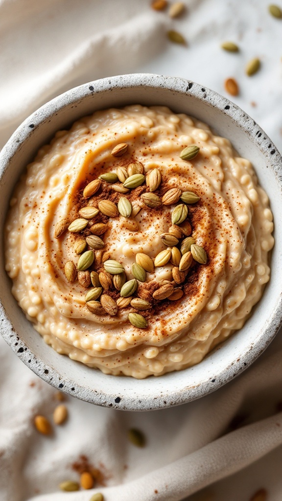 A bowl of pumpkin spice overnight oats topped with seeds and cinnamon.