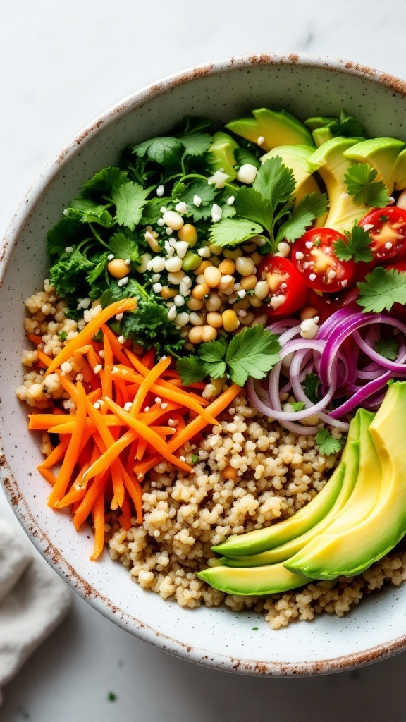 A colorful quinoa sushi bowl filled with fresh vegetables and avocado.
