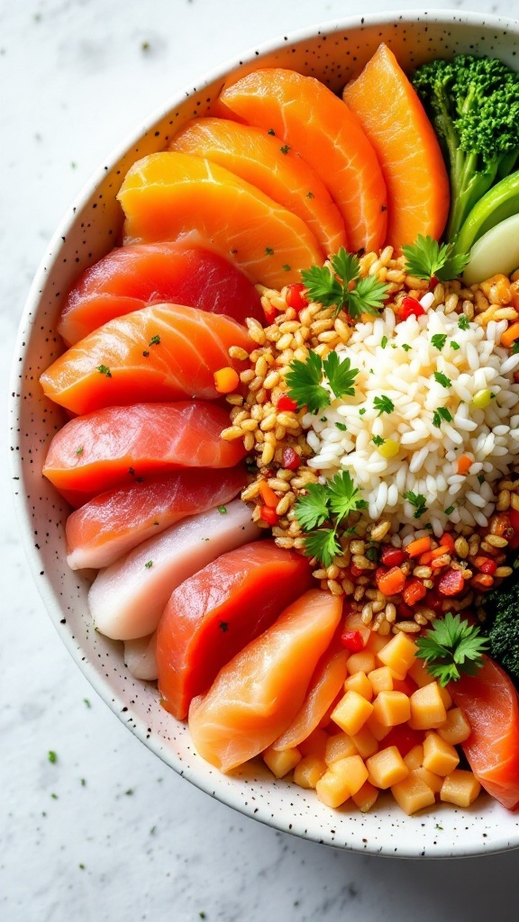 A beautifully arranged rainbow sushi bowl featuring various types of fish, rice, and colorful vegetables.