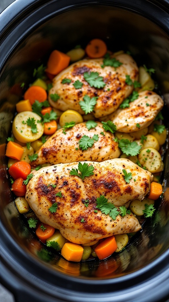 A delicious dish of ranch chicken and colorful vegetables in a crockpot.