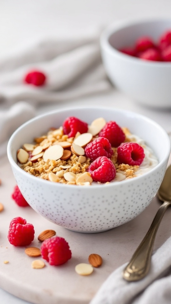 Bowl of raspberry almond oats topped with almonds and fresh raspberries