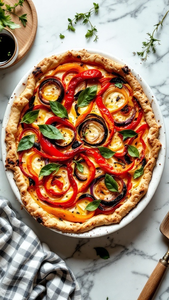 A colorful roasted bell pepper and onion quiche