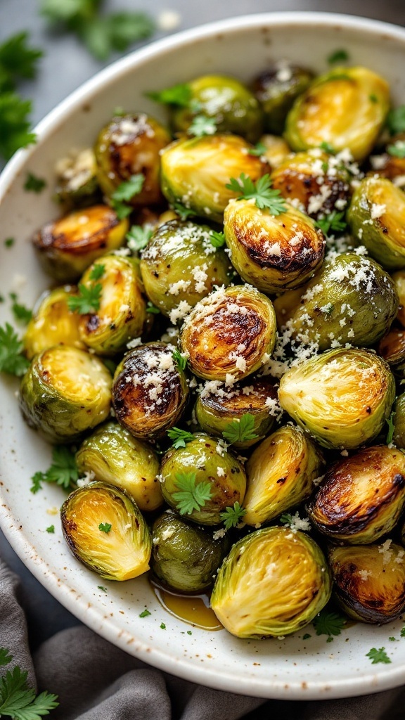 A bowl of roasted Brussels sprouts garnished with garlic and Parmesan cheese.