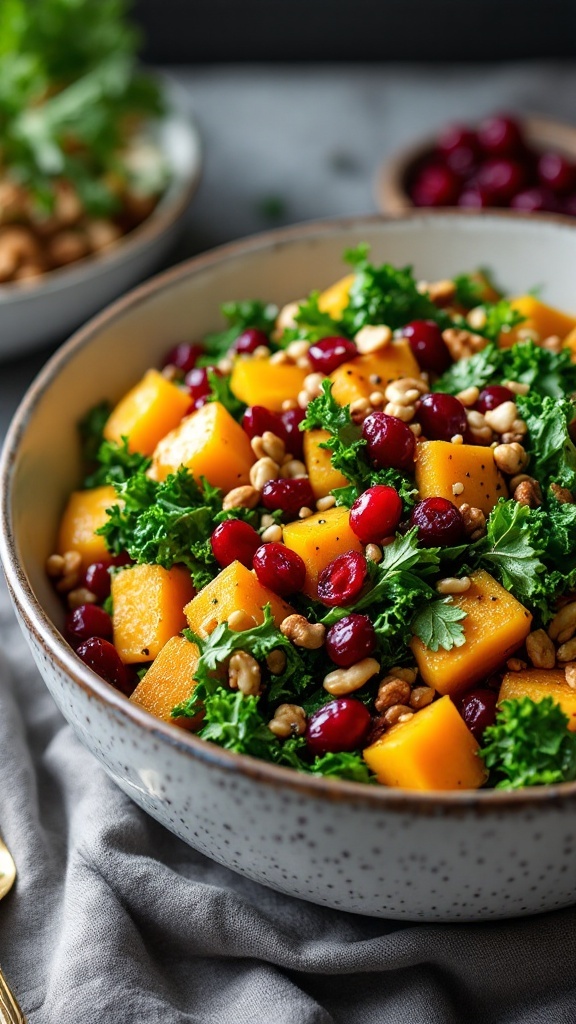 A vibrant bowl of roasted butternut squash salad with kale, cranberries, and nuts.