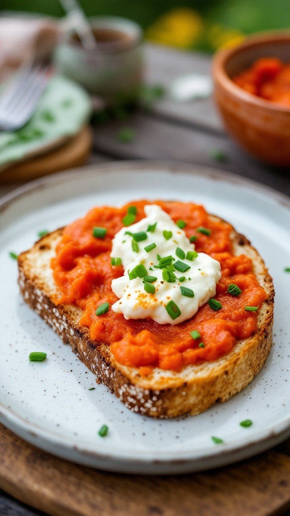 A delicious roasted red pepper and cottage cheese spread on toast, garnished with chives.