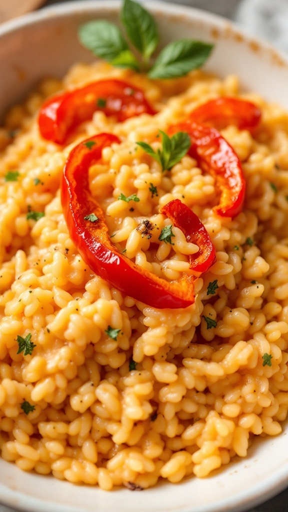 A bowl of creamy roasted red pepper risotto topped with red pepper slices and fresh herbs