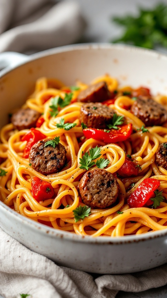 A bowl of roasted red pepper sausage pasta with spaghetti, sliced sausage, and garnished with parsley.