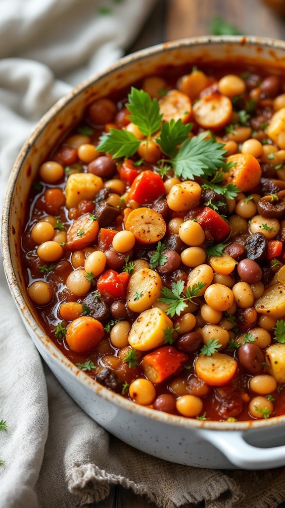 A bowl of rustic vegetable and bean cassoulet topped with fresh herbs and a slice of bread.