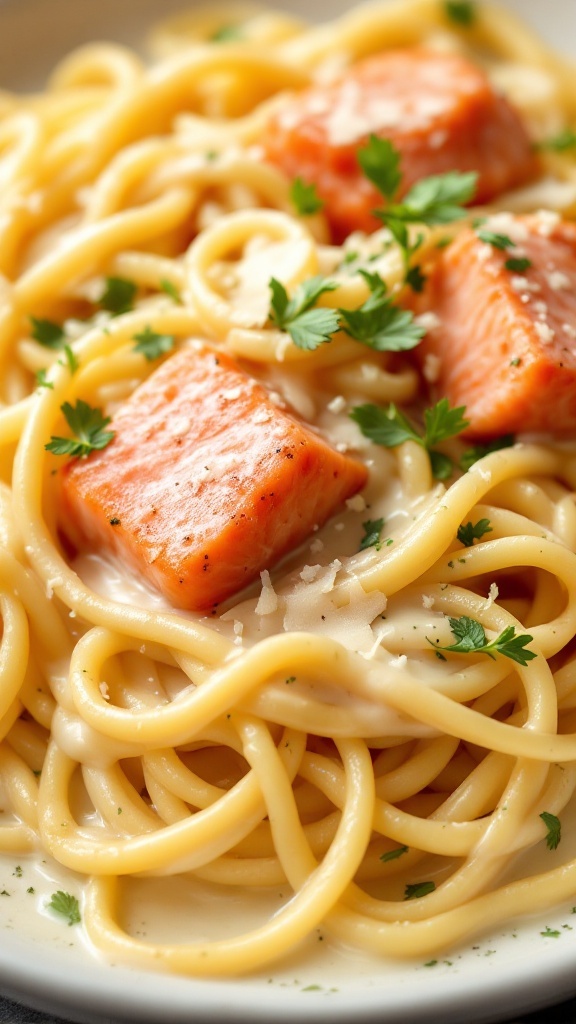 A plate of Salmon Alfredo Fettuccine topped with fresh parsley.