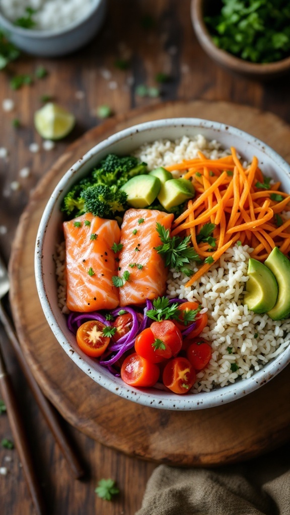 A colorful bowl featuring salmon, avocado, and various vegetables over rice.