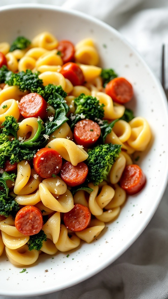 A delicious bowl of orecchiette pasta with sausage and broccoli rabe.