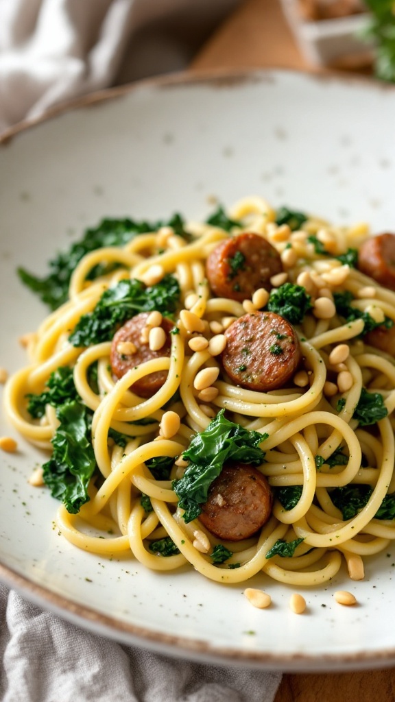 A plate of Sausage and Kale Pesto Pasta with sliced sausage and kale.