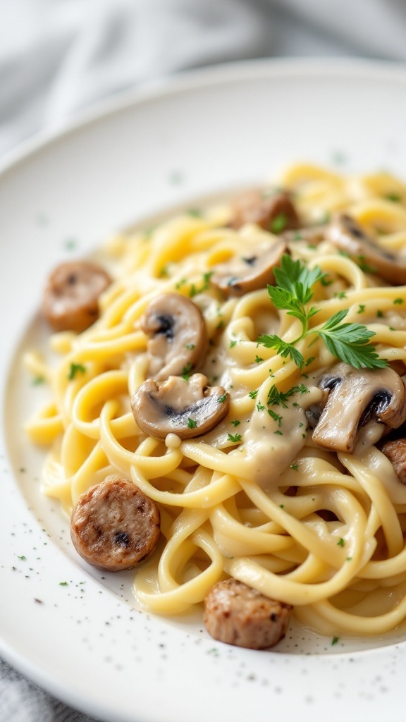 A plate of fettuccine pasta with sausage and mushrooms