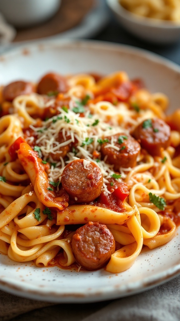 A plate of Sausage and Pepper Rigatoni topped with grated cheese and parsley