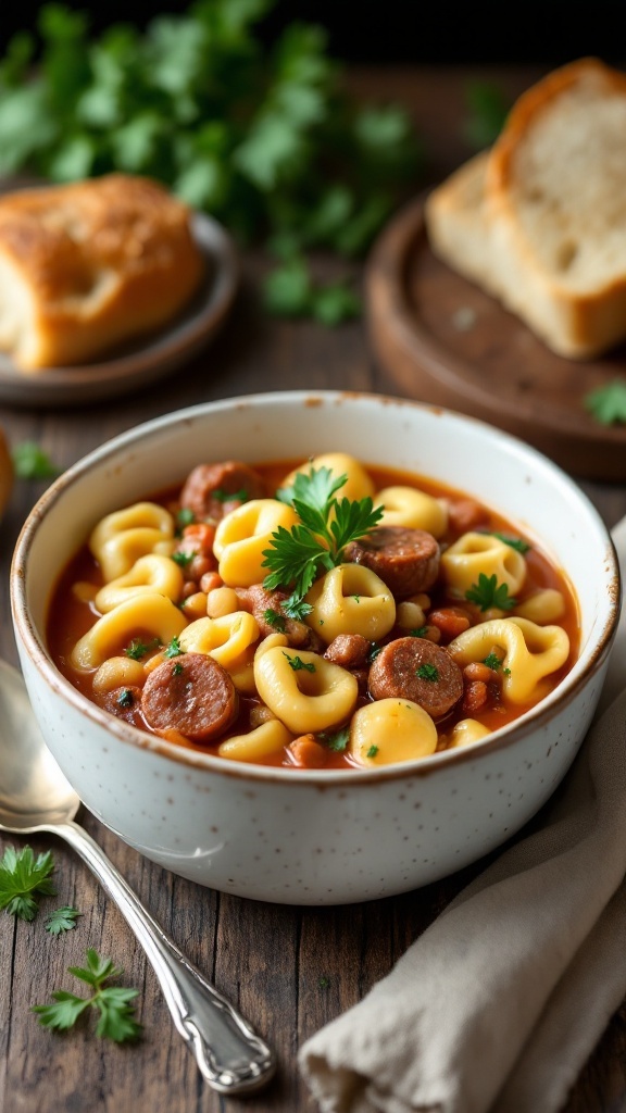 A bowl of sausage and tortellini soup garnished with parsley, served with bread.