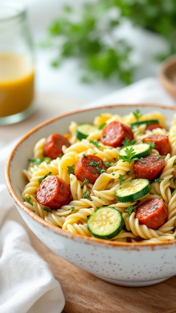 A bowl of delicious sausage and zucchini pasta salad with fresh herbs.
