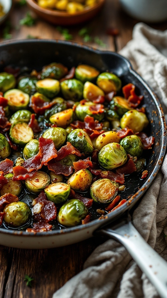 Sautéed Brussels sprouts with bacon and shallots in a skillet