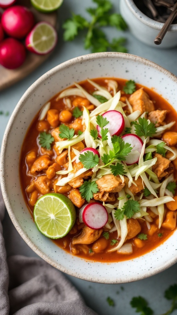 A bowl of Chicken Pozole garnished with cabbage, radishes, and lime.