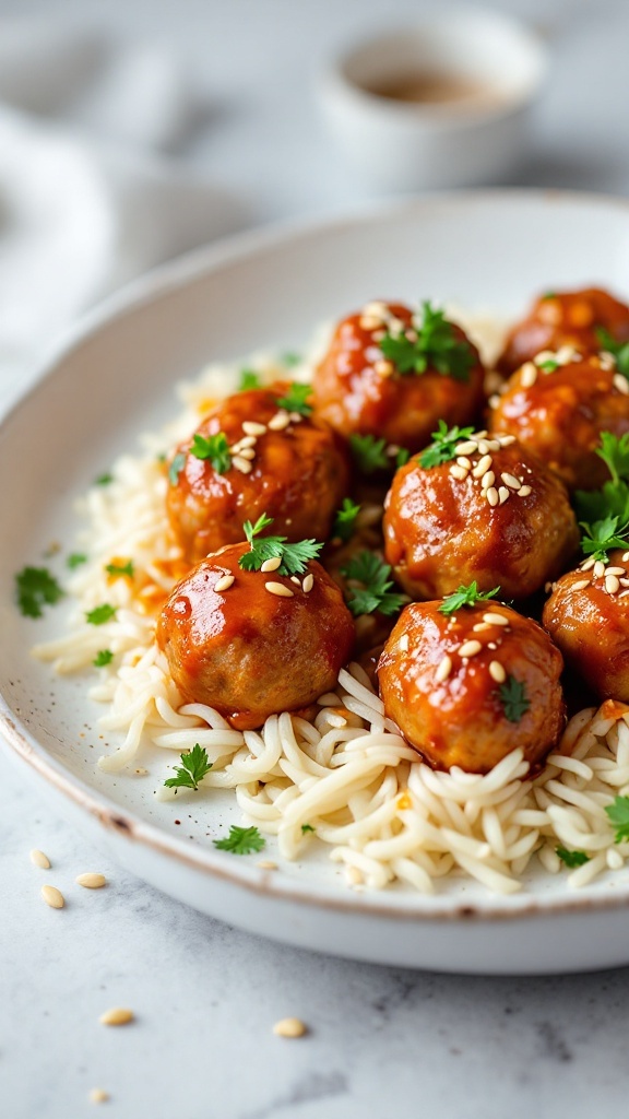 A plate of savory gochujang meatballs served on noodles, garnished with sesame seeds and cilantro.
