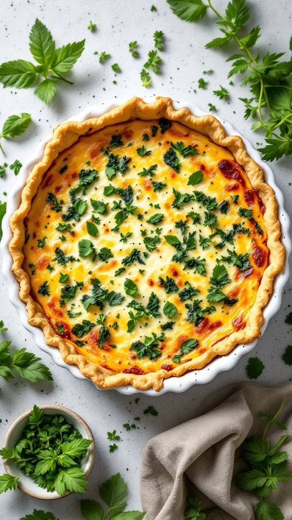 Savory Herb and Cheese Quiche with fresh herbs around it