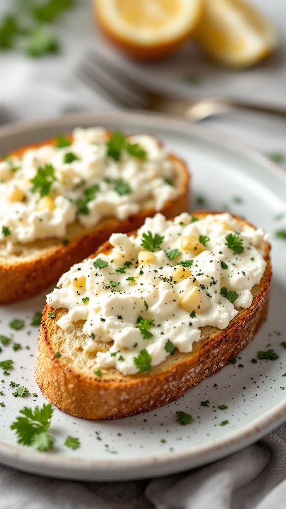 Savory herb and garlic cottage cheese toast garnished with parsley and chives