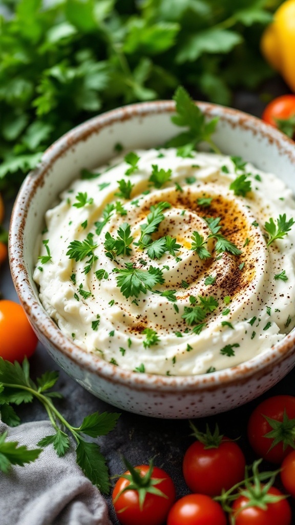 A creamy cottage cheese bowl topped with fresh herbs and spices
