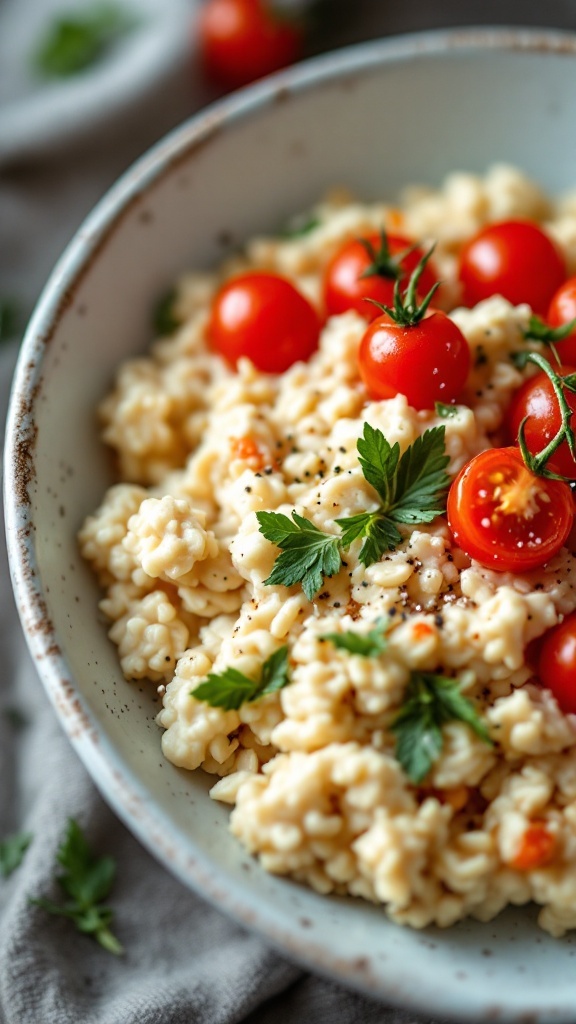 A bowl of savory herb cottage cheese oats topped with cherry tomatoes and fresh parsley.
