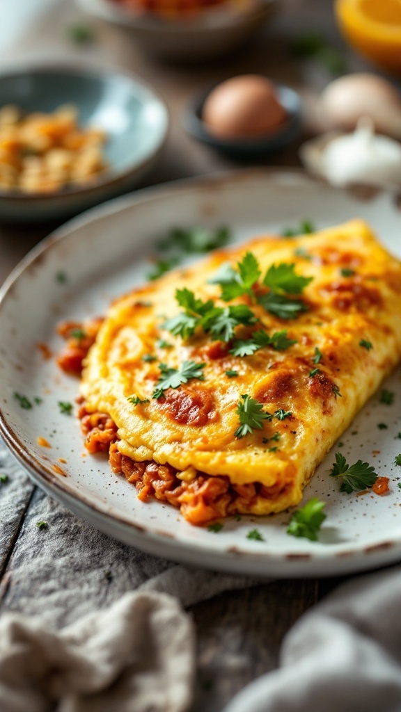 A savory kimchi omelette garnished with fresh herbs.