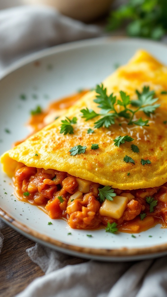 A delicious savory kimchi omelette topped with green onions, served on a plate.