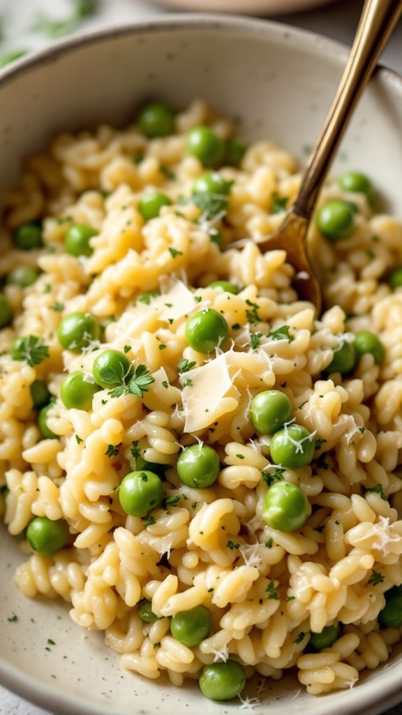 A bowl of creamy orzo risotto with peas.