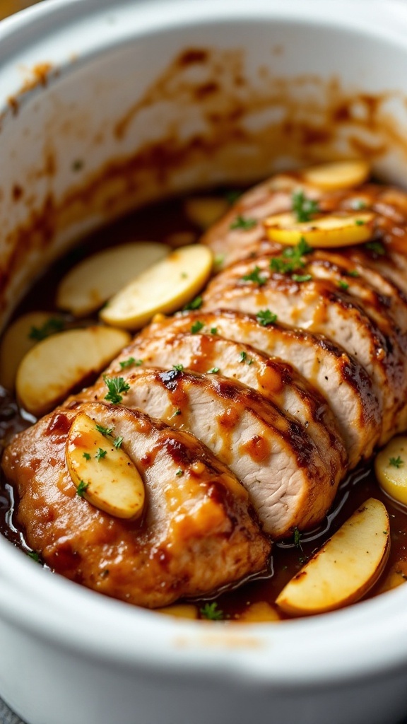 Savory Pork Tenderloin with Apples dish in a crockpot