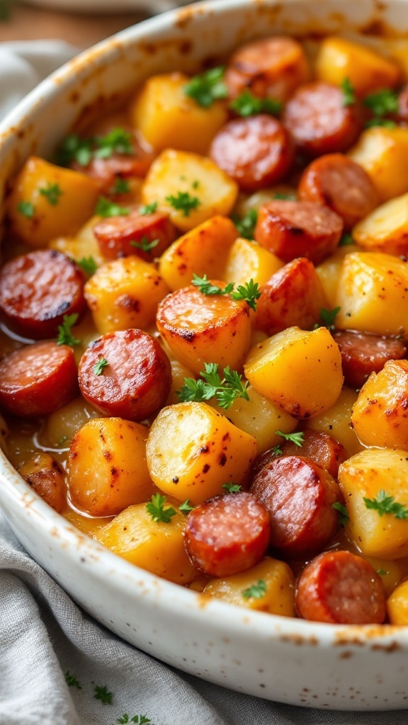 A dish of sausage and potatoes with green parsley garnishing.