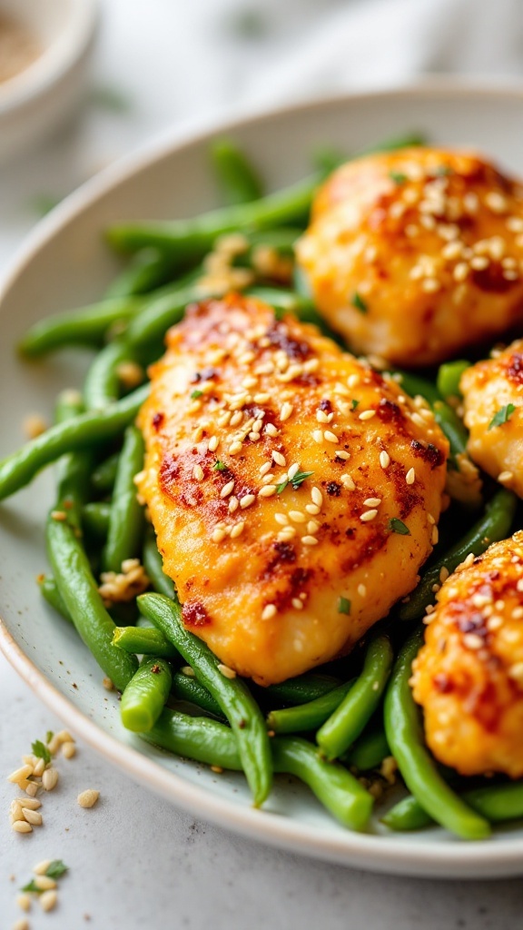 Delicious sesame ginger air fryer chicken served on a plate with green beans.