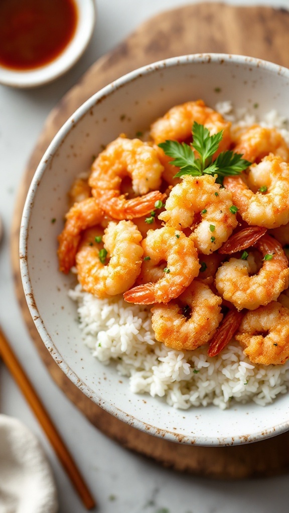 Shrimp Tempura Sushi Bowl with rice and garnishes
