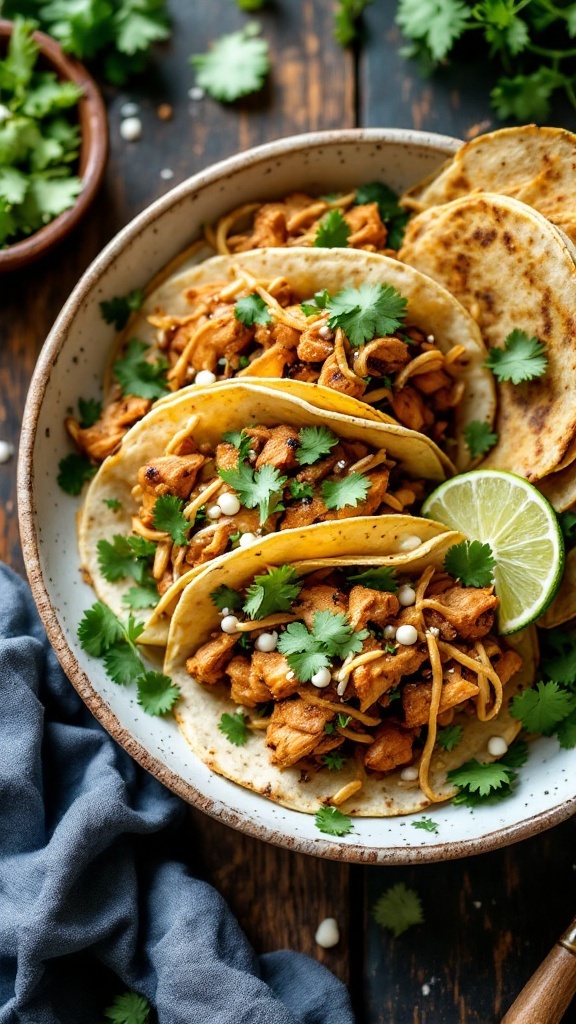 Delicious slow-cooked chicken tacos with cilantro and lime.