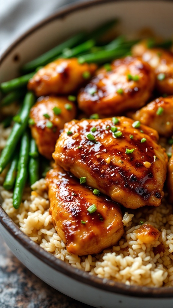 A plate of honey garlic chicken served with rice and green beans.