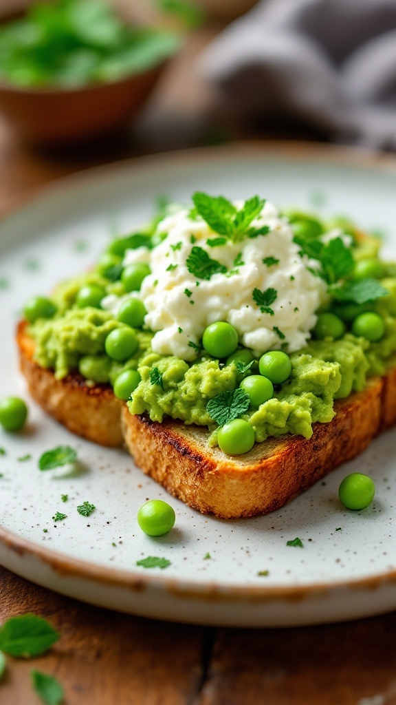 Smashed pea and cottage cheese spread on toast with fresh peas and mint garnish.