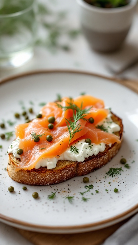 Smoked salmon and cottage cheese toast with dill and capers