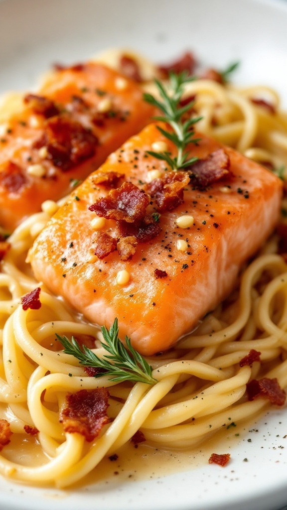 A plate of smoked salmon carbonara with spaghetti, topped with crispy bacon and fresh herbs.