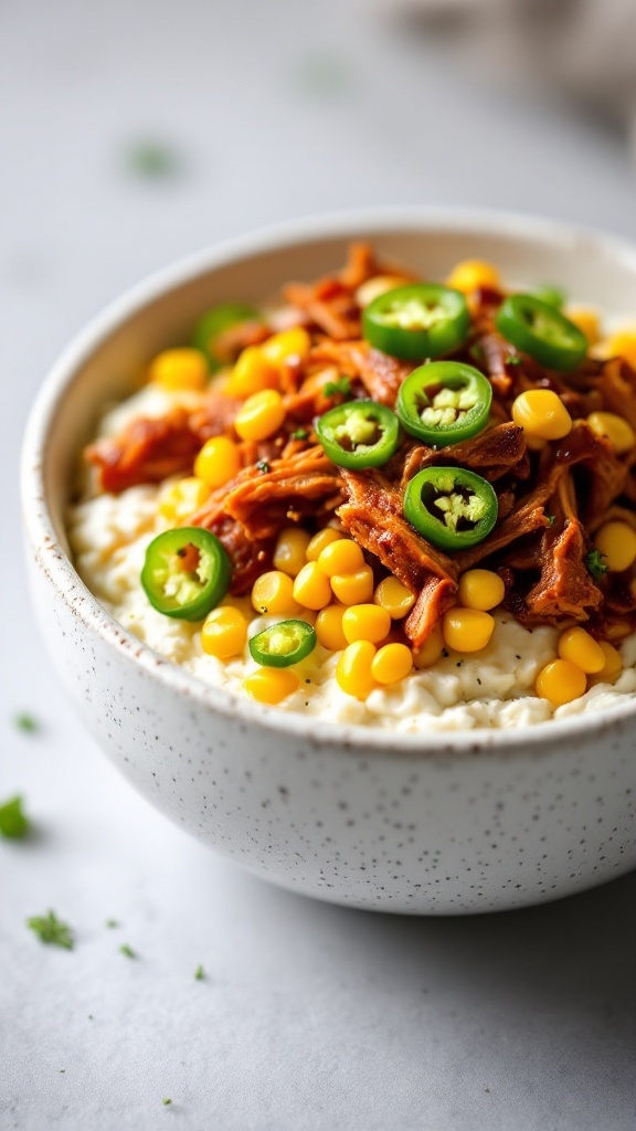 A bowl with cottage cheese topped with smoky BBQ chicken, corn, and jalapeño slices.