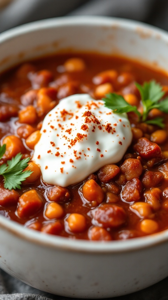 A bowl of smoky chipotle chili topped with sour cream and herbs.