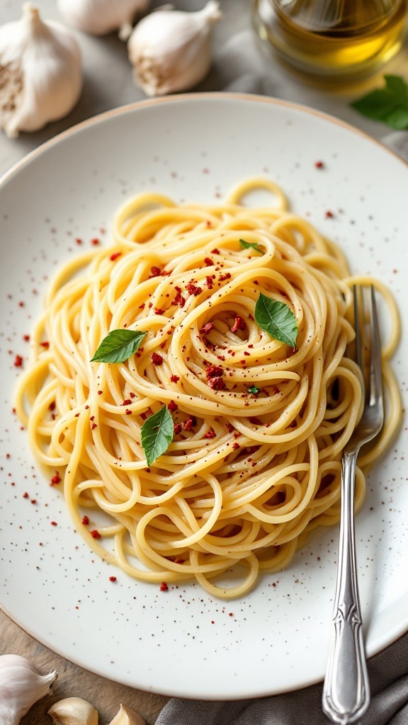 A plate of Spaghetti Aglio e Olio garnished with parsley and red pepper flakes.